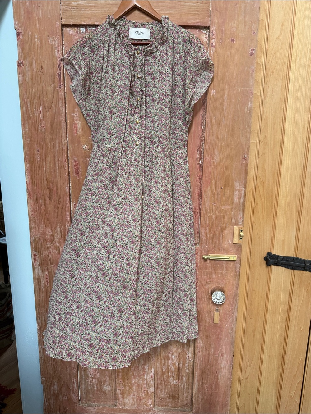 Celine Floral Pink Ruffle-Front Midi Dress